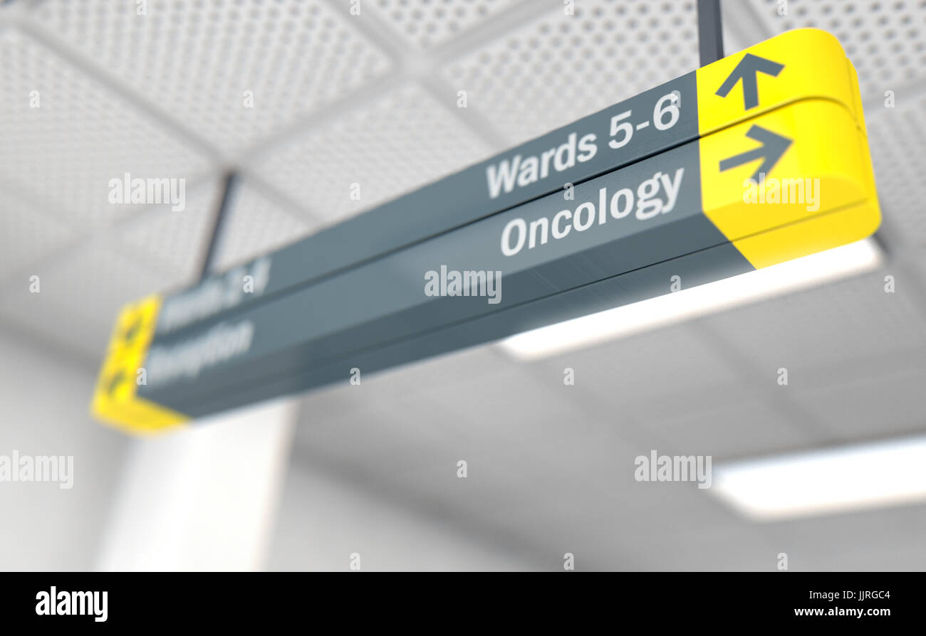 A ceiling mounted hospital directional sign highlighting the way towards the oncology ward - 3D render Stock Photo