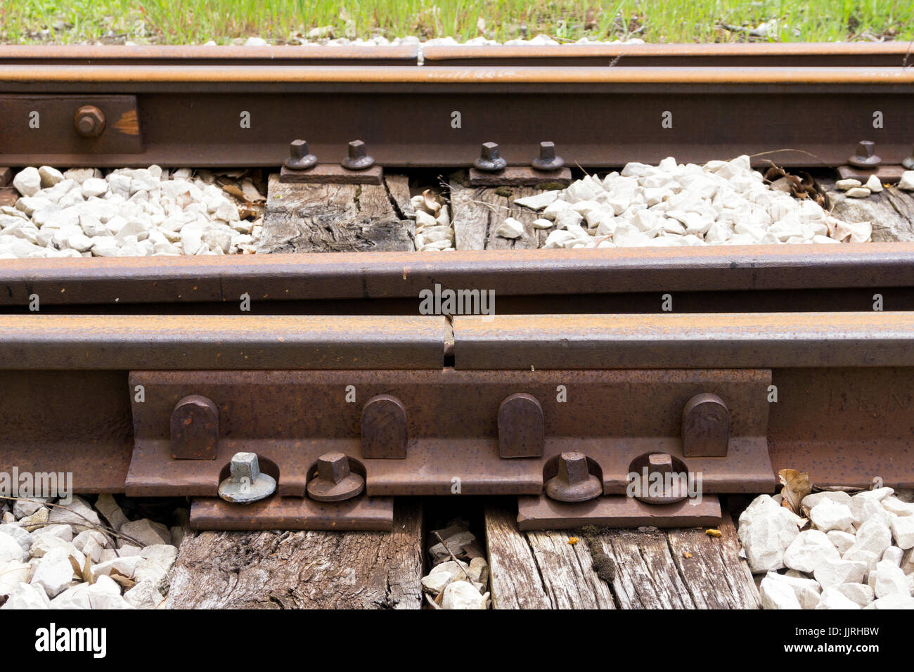 Rusty rail train joint Stock Photo