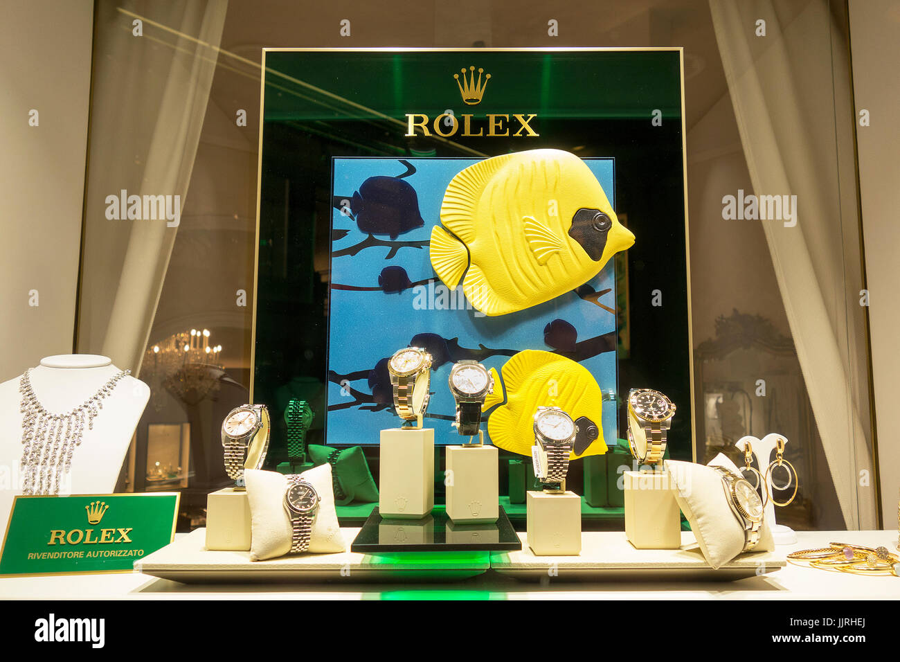 Rolex watches on display in a shop window Stock Photo