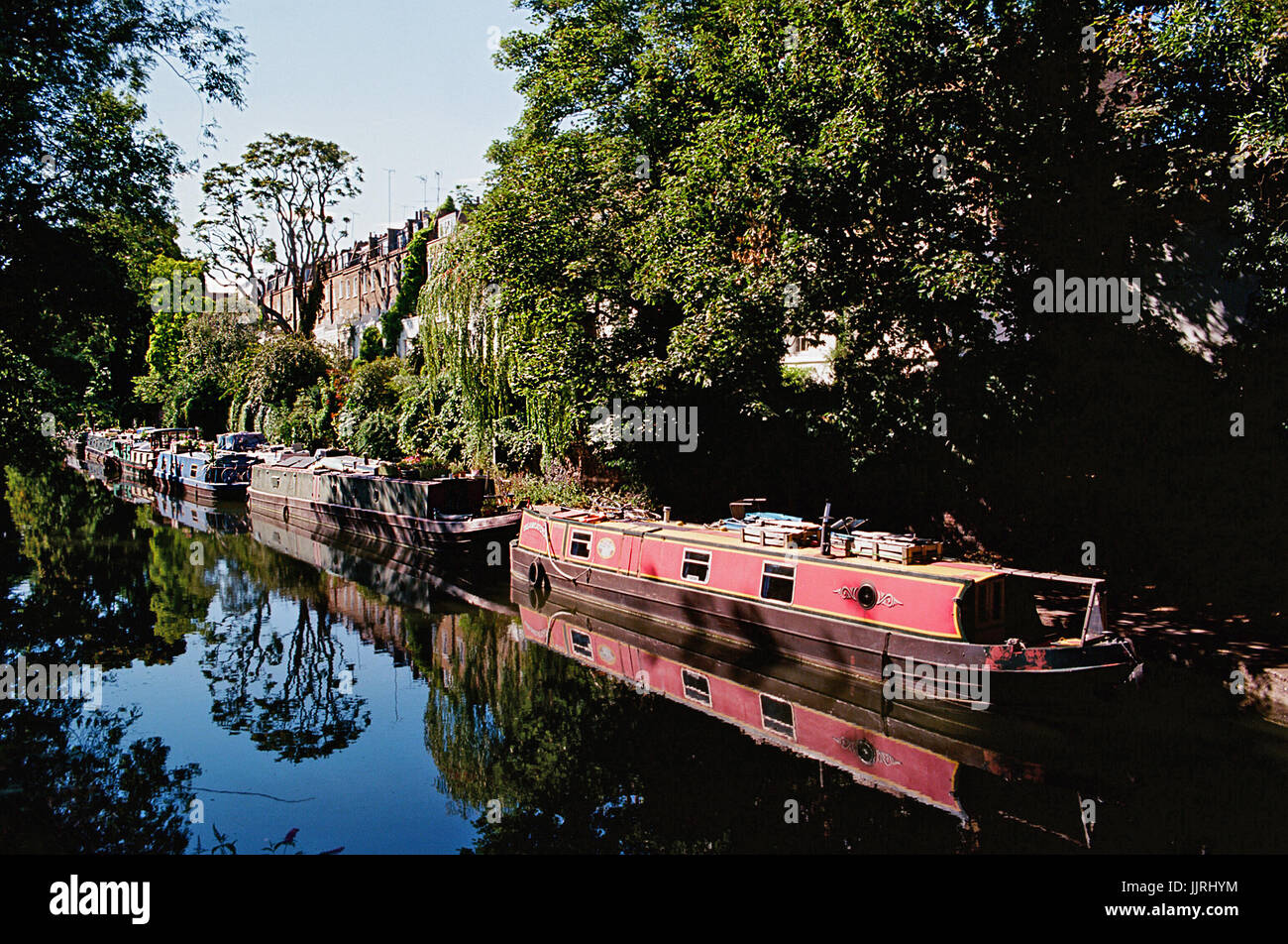 Narrowboats and trees on the Regents Canal at Islington, North London, Great Britain Stock Photo