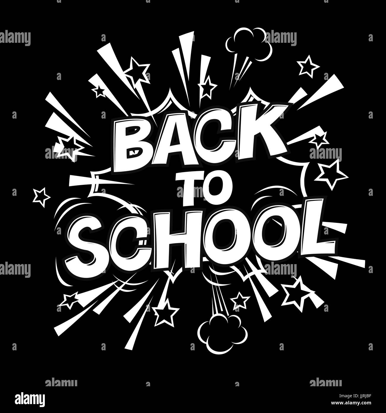 Back to school black and white illustration. Comic retro monochrome alphabet. Halftone background and decorative elements. Stock Vector