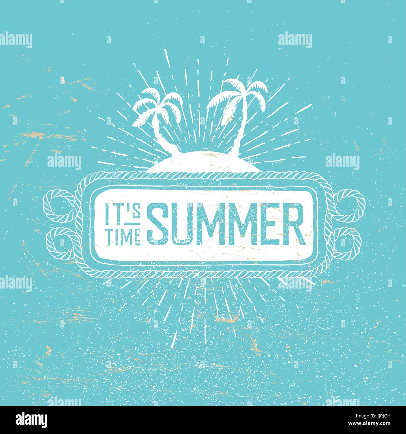 Summer time vector retro postcard. Rope frame, palms and rays on blue background. Summer beach party poster Stock Vector