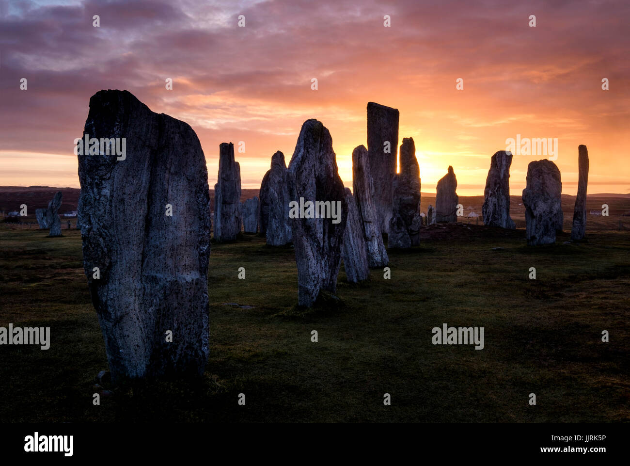 LEWIS AND HARRIS, SCOTLAND - CIRCA APRIL 2016: Sunrise the famous Callanish Stones in Outer Islands of Lewis and Harris in Scotland. Stock Photo