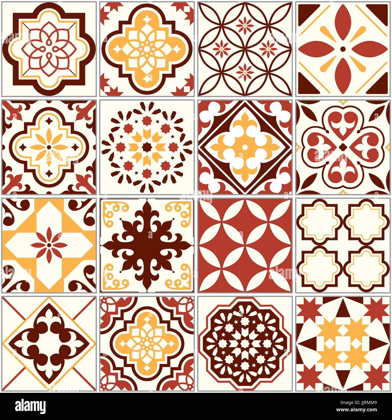 Portuguese vector tiles, Lisbon art pattern, Mediterranean seamless ornament in brown and yellow Stock Vector