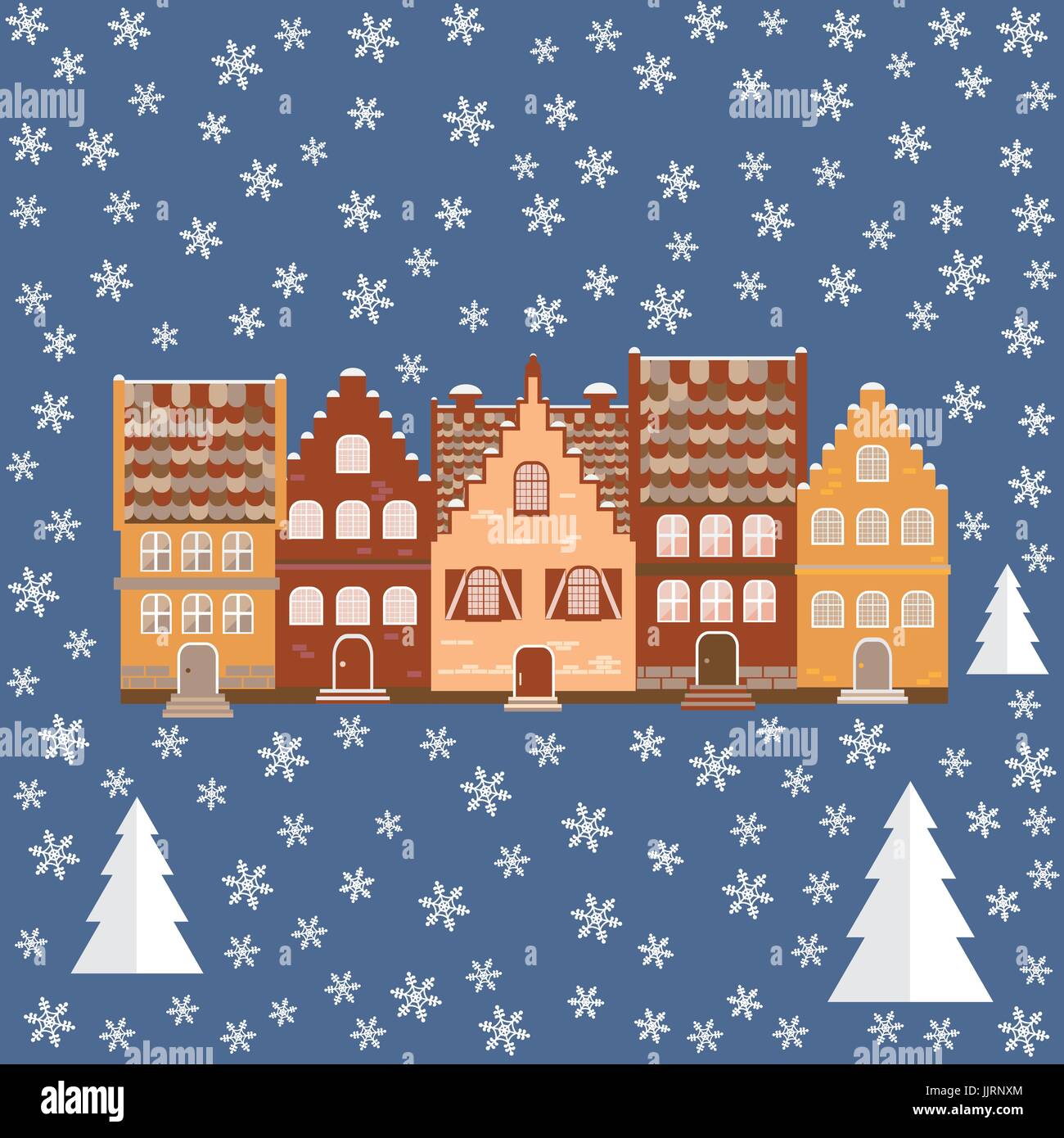 Vector illustration houses in the snow. Design element for postcard ...
