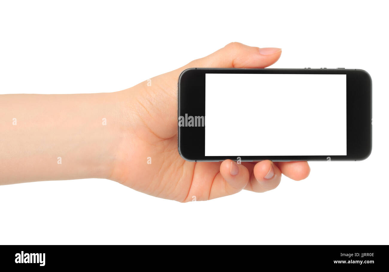 Hand holding smart phone isolated on white background Stock Photo - Alamy
