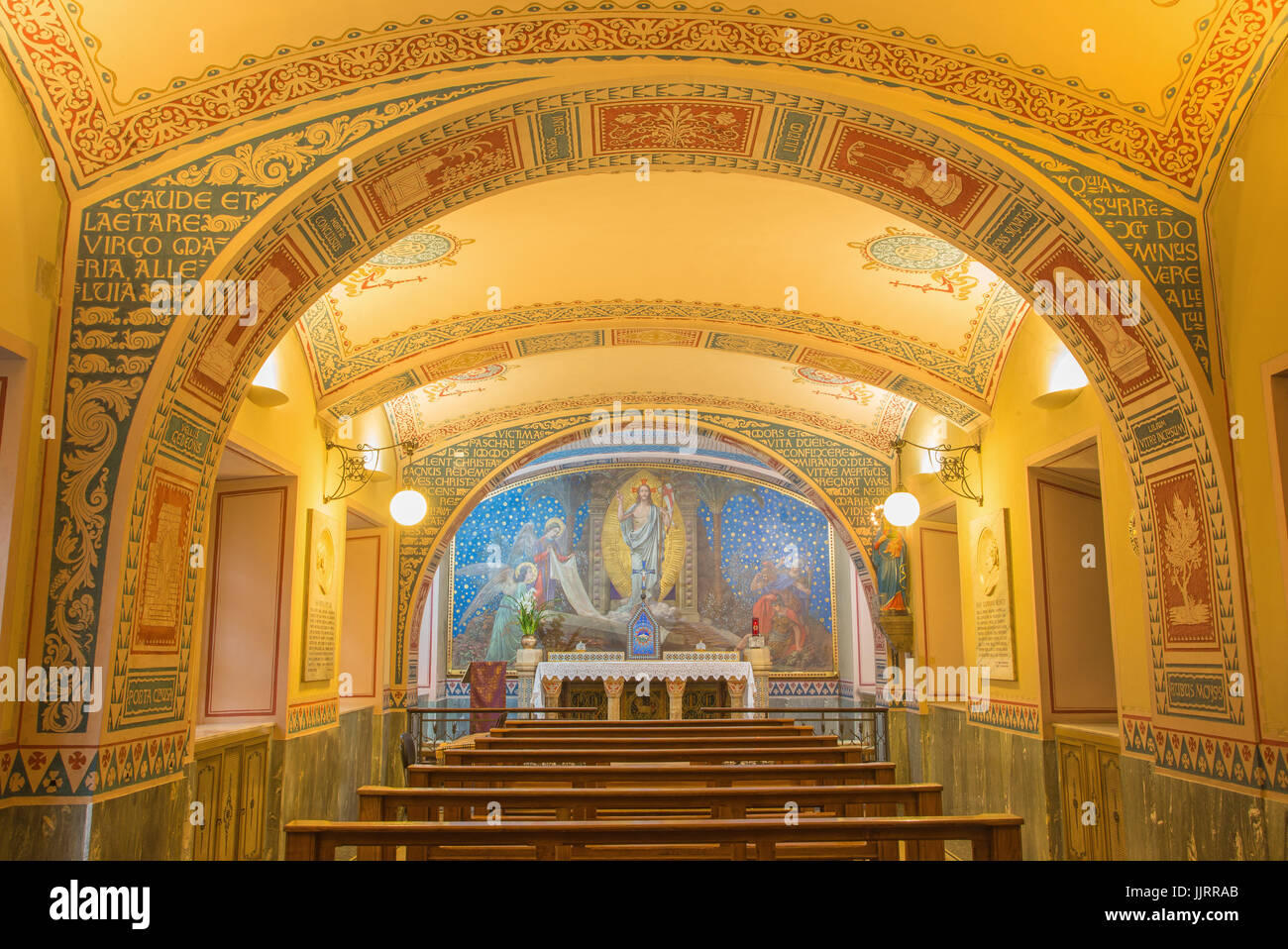 TURIN, ITALY - MARCH 15, 2017: The little chapel Capella Pinardi - the first chapel of Don Bosco the founder of Salesians with the frescoes by Paolo G Stock Photo