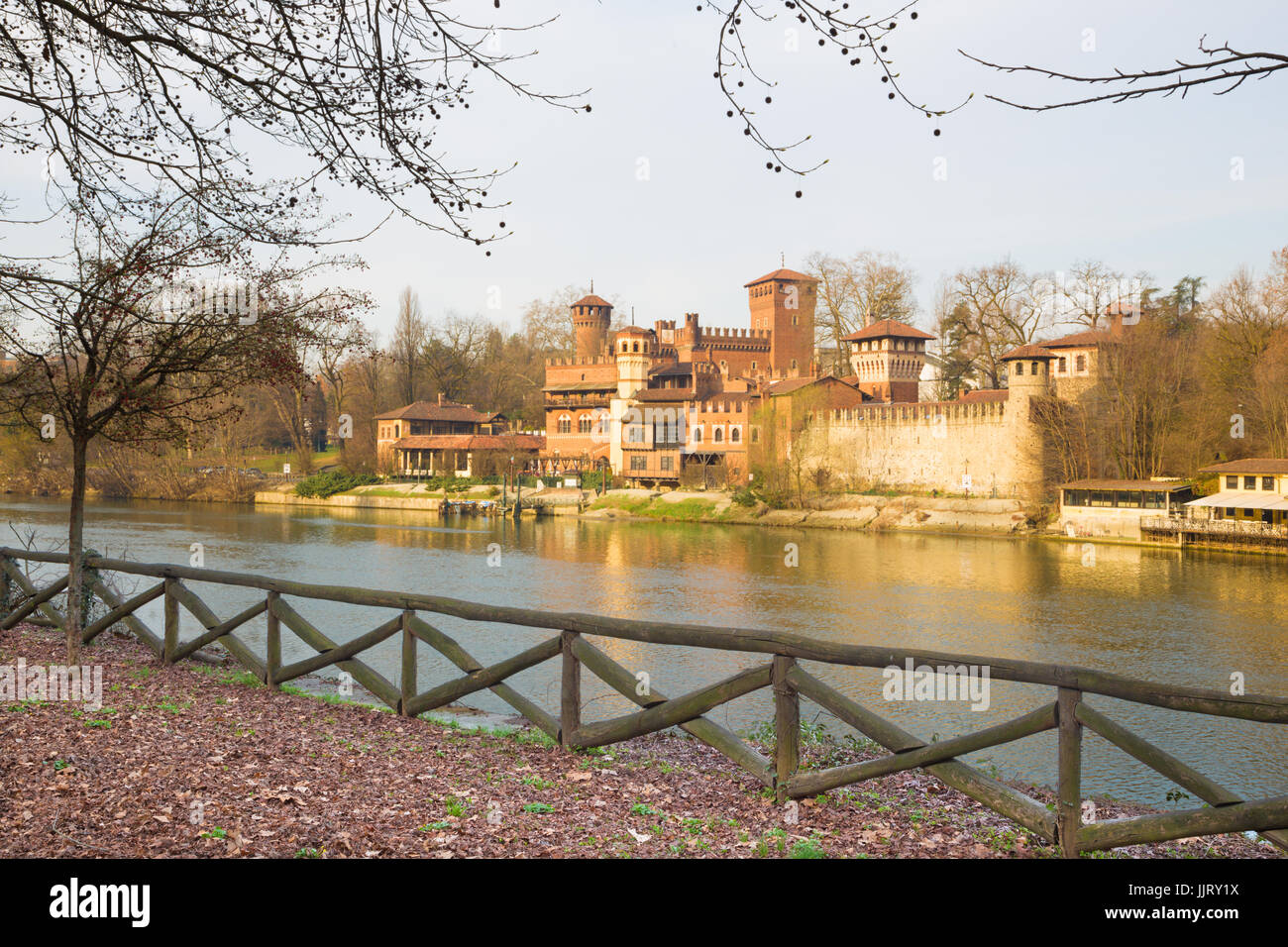 Turin - The panorama of Borgo Medievale castle. Stock Photo