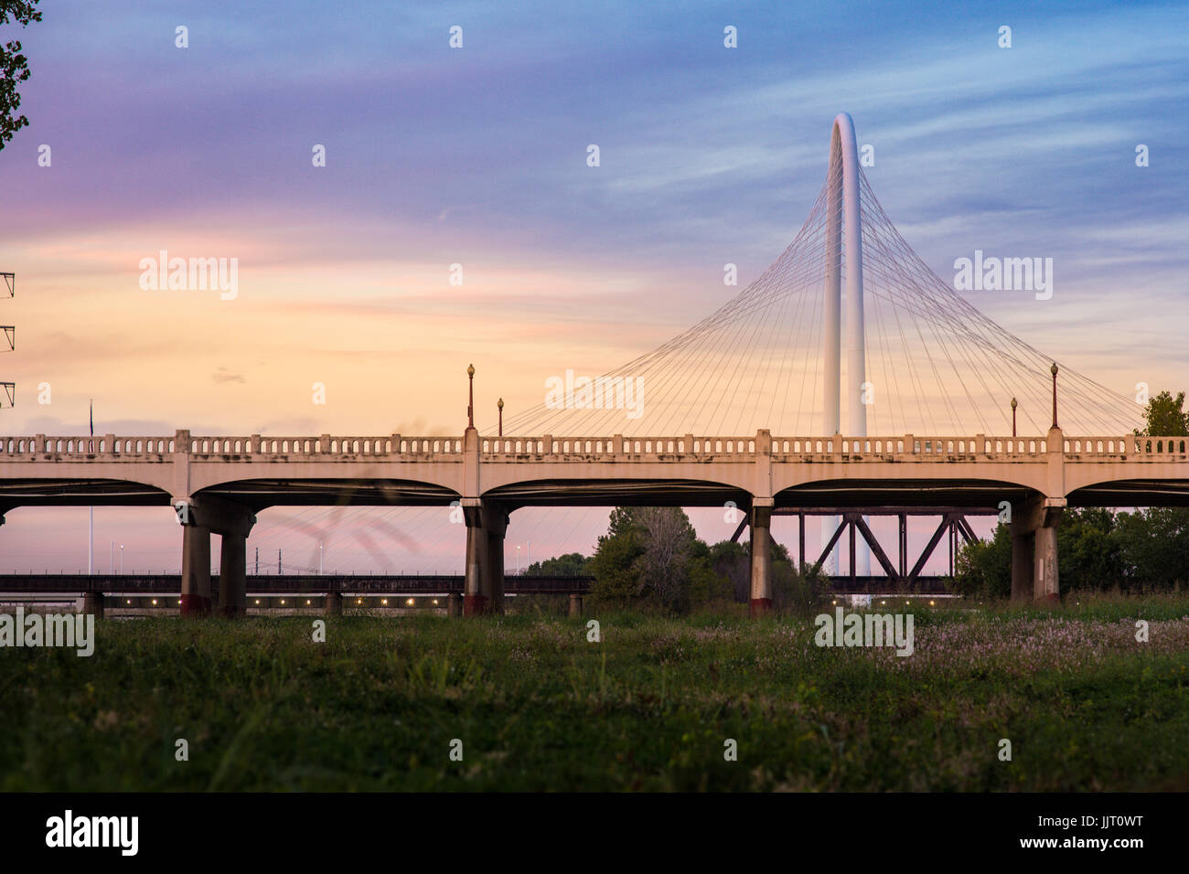 Magaret Hunt Hill Bridge with Sunset from Dallas, Texas. Stock Photo
