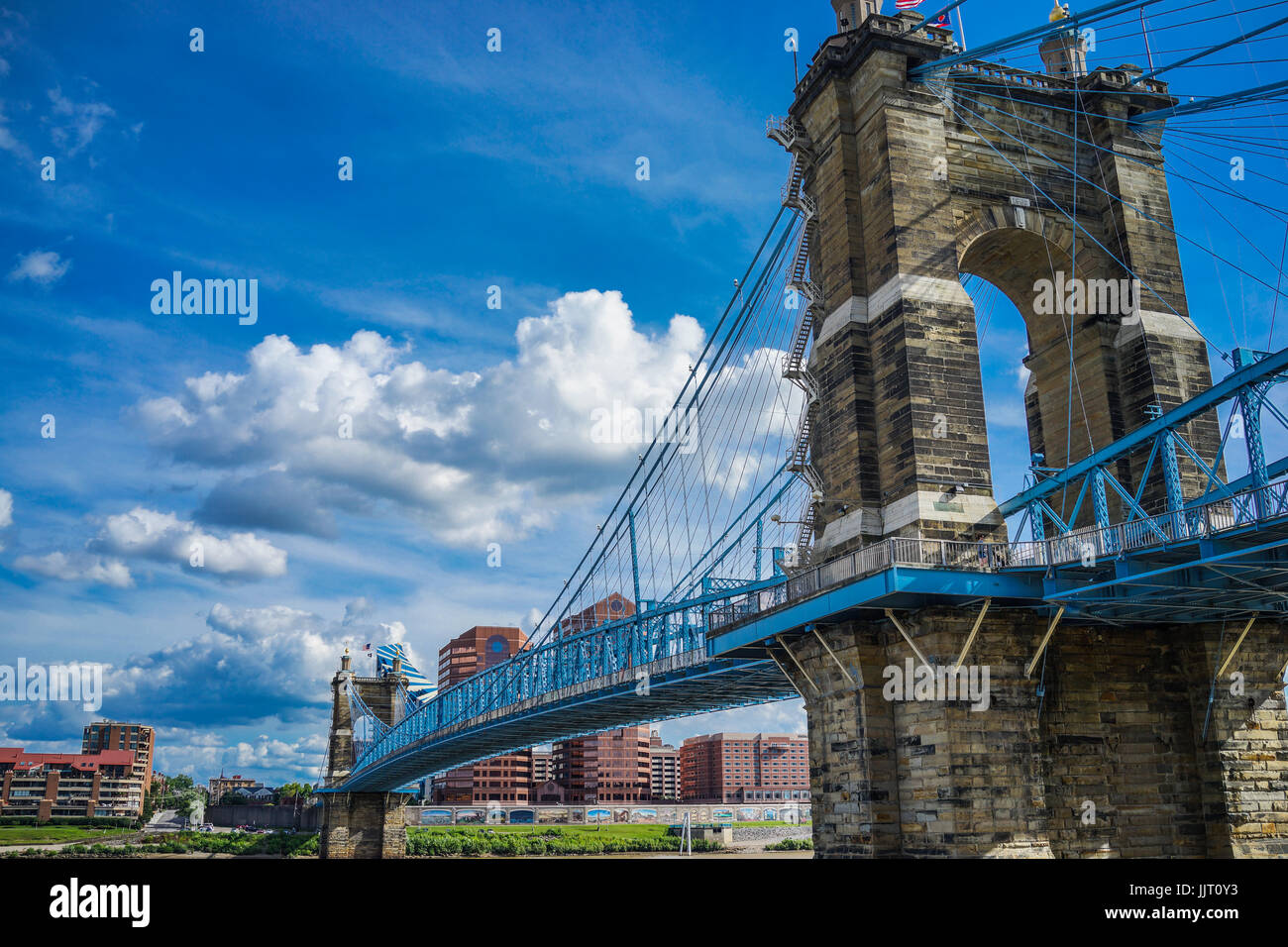 John A. Roebling Suspension Bridge at Cincinnati, Ohio. Stock Photo
