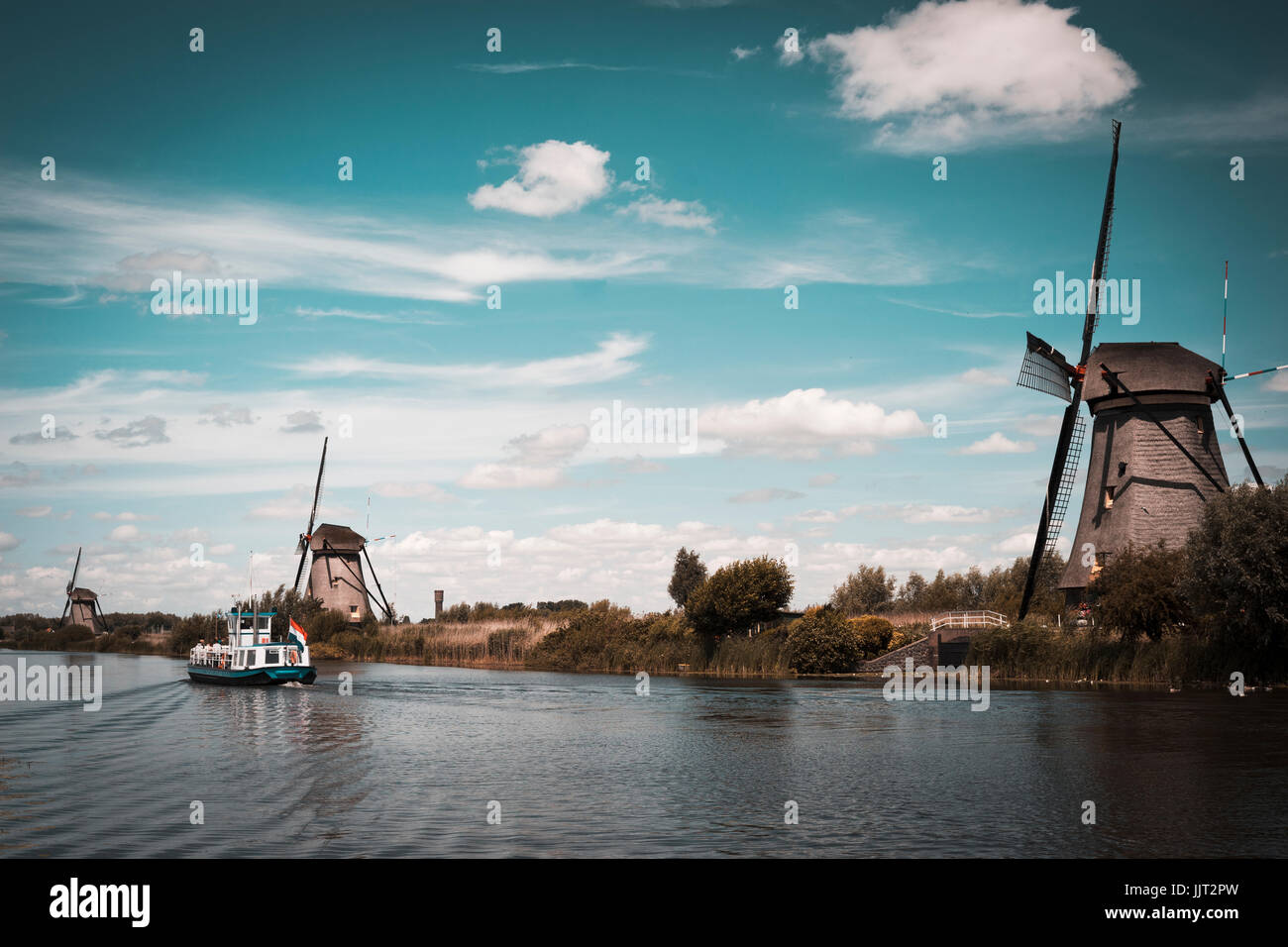 kinderdijk landscape with the typical 19 windmills Stock Photo