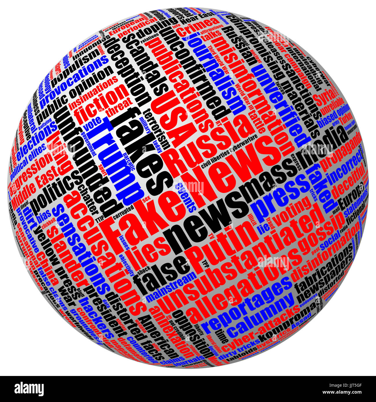 Three-dimensional 3D ball with colored fake news tag word cloud isolated on white Stock Photo