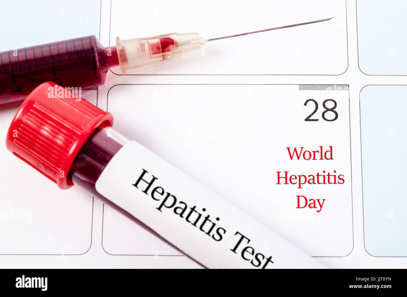 28 July calendar page and sample blood for hepatitis test. World hepatitis day concept. Stock Photo