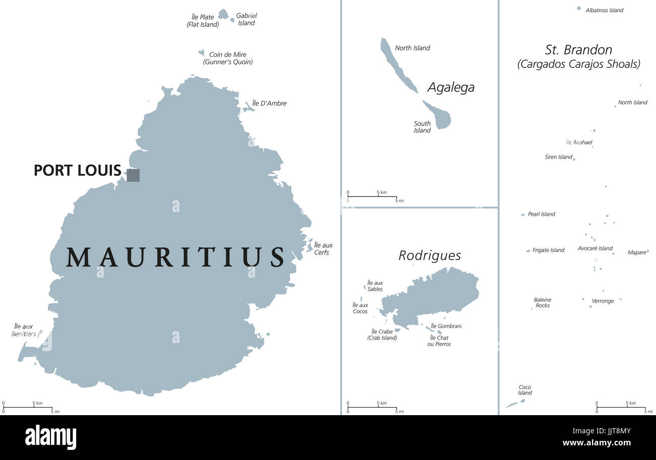 Mauritius political map with capital Port Louis, outer islands Agalega, Rodrigues, Saint Brandon. Republic and island nation in the Indian Ocean. Stock Photo
