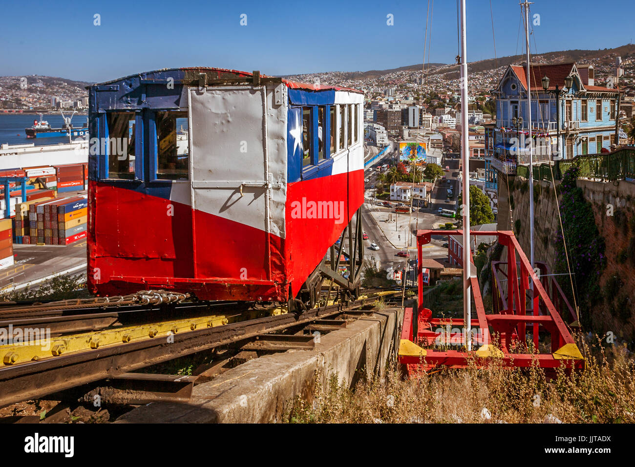 Valparaiso, Chile, January 11, 2017:  Arrival of the elevator Artillería in the station. Historical monument built in 1893. Its decoration represents  Stock Photo