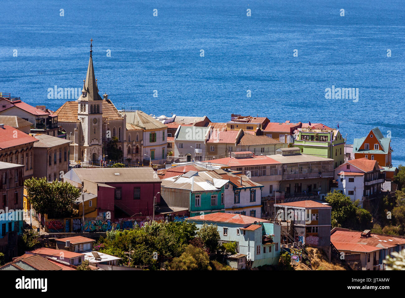 Viewed on Cerro Concepcion, Valparaiso historic World Heritage of UNESCO, with Pacific Ocean in background Stock Photo