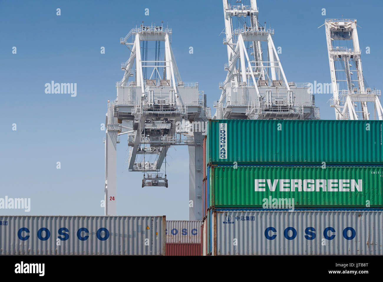 Stacked Shipping Containers And Gantry Cranes At The Long Beach