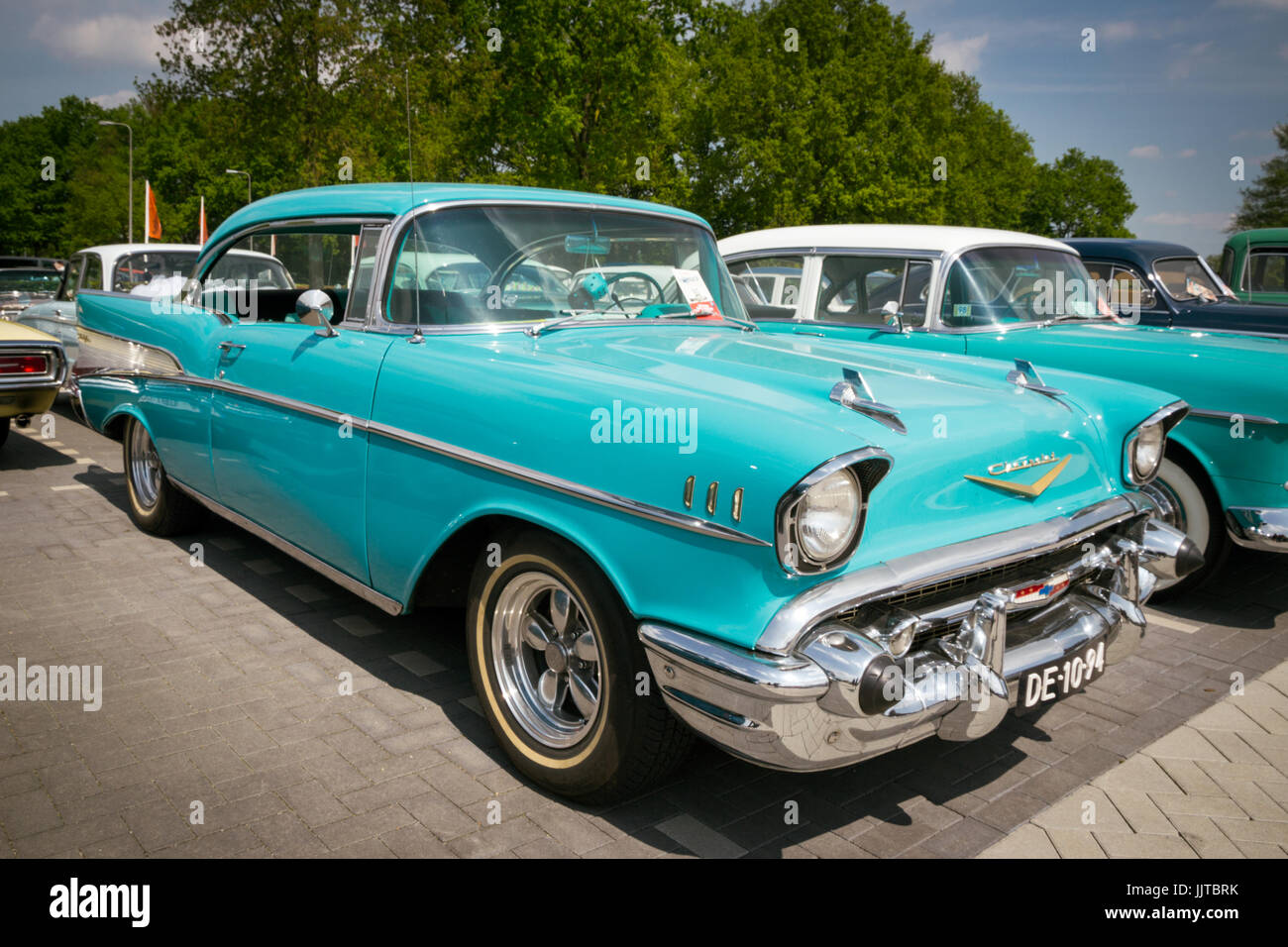 DEN BOSCH, THE NETHERLANDS - MAY 10, 2015: Turquoise 1957 Chevrolet Bel Air classic car. Stock Photo