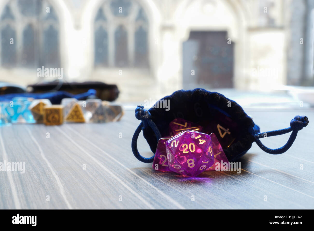 A set of polyhedral dice used for role playing games such as Dungeons & Dragons, the dice are used to determine how successful a player is in their ac Stock Photo