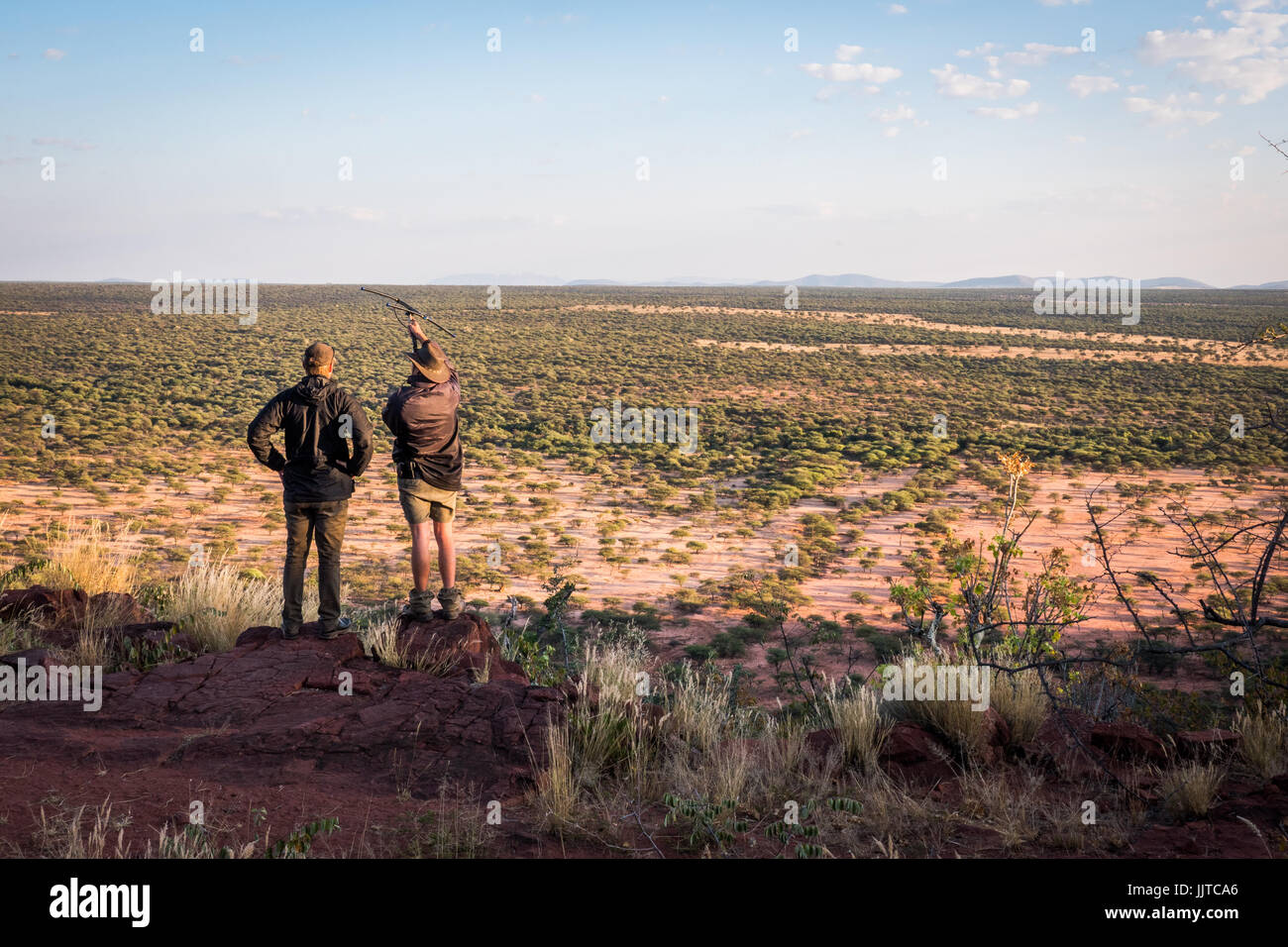 Tracking leopards with a wireless receiver at Onkonjima, Namibia Stock Photo