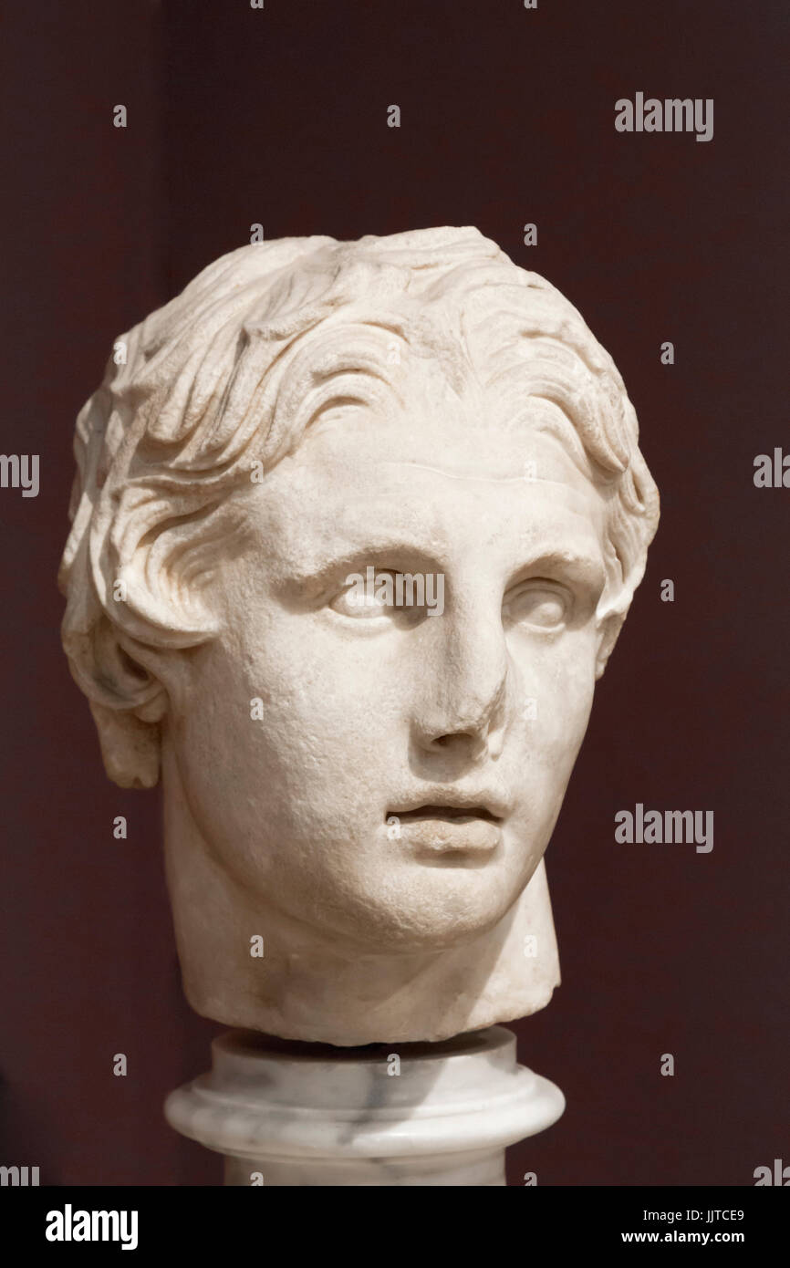 Istanbul, Turkey.  Archaeological Museum.  Marble head of Alexander the Great, 356 - 323 BC,  dating from the first half of the 2nd century BC found a Stock Photo