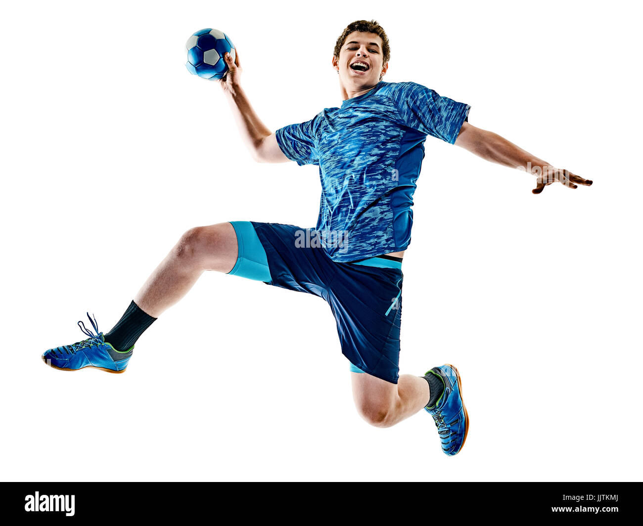 one caucasian handball player teenager boy in studio isolated on white ...