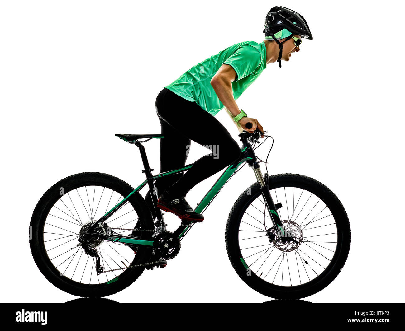 one caucasian man practicing man mountain bike bking isolated on white background with shadows Stock Photo