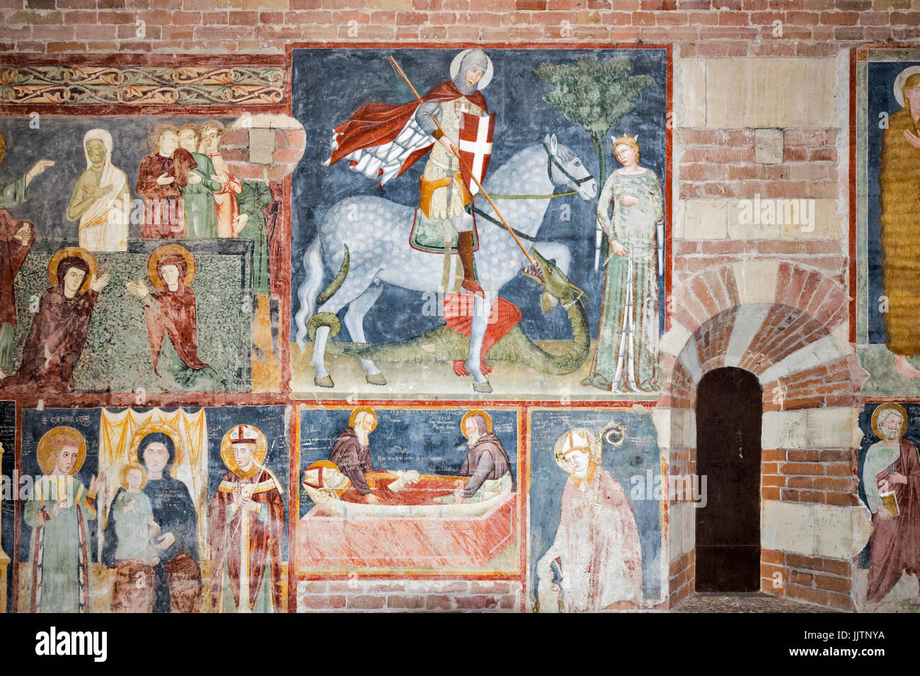 VERONA ITALY THE BASILICA DI SAN ZENO FRESCOES ON THE WALL INCLUDING ST GEORGE AND THE DRAGON Stock Photo