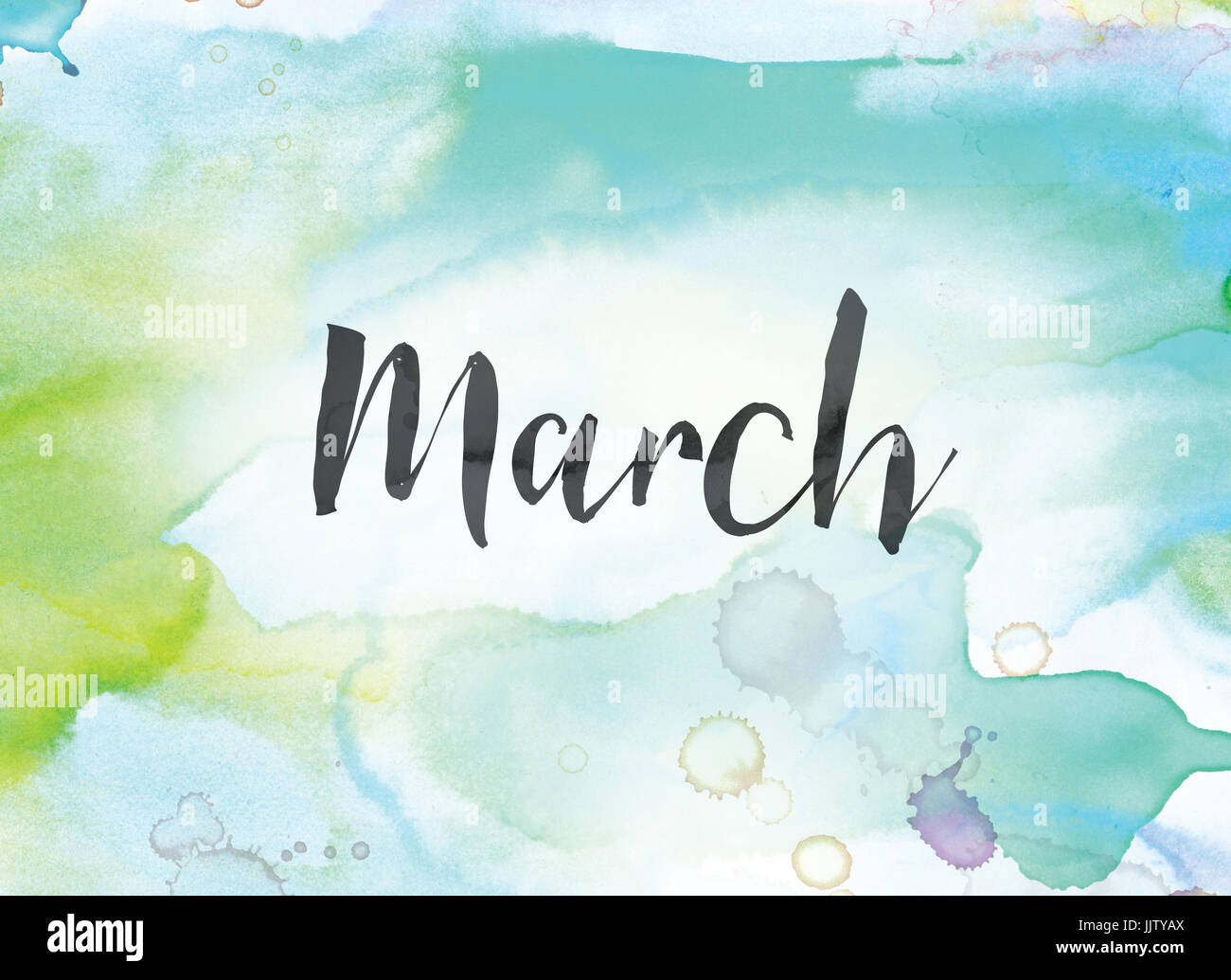 The word March concept and theme written in black ink on a colorful