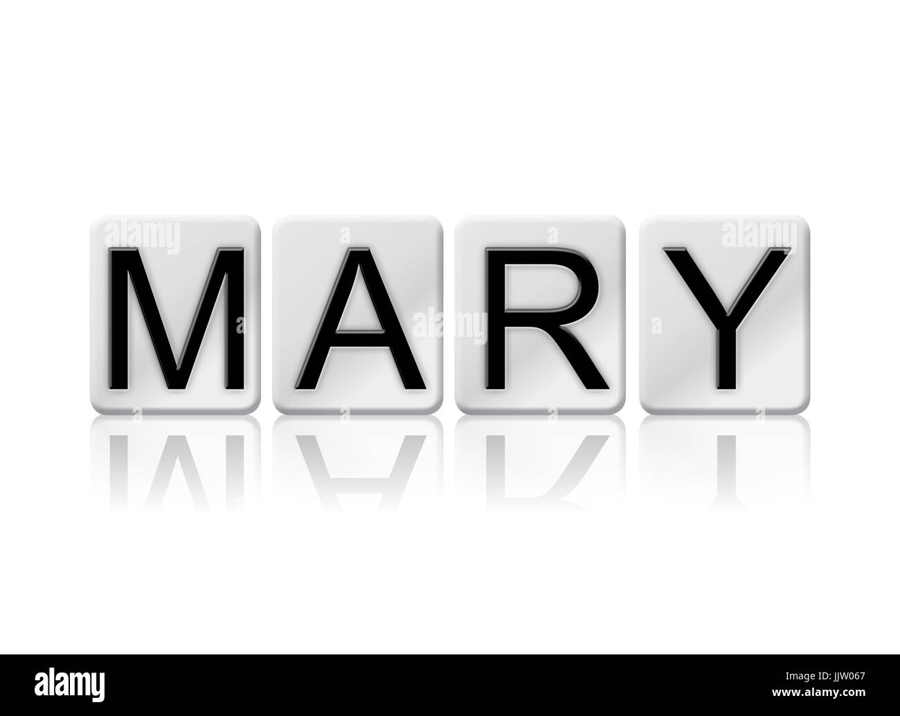 The name Mary concept and theme written in white tiles and isolated on a white background. Stock Photo