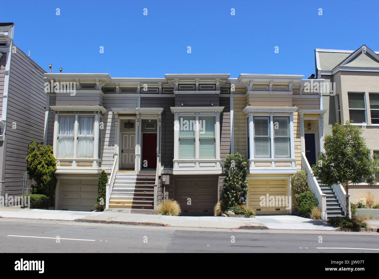 Italianate Row Cottages, built 1885, Lower Pacific Heights, Upper Fillmore, San Francisco, California Stock Photo