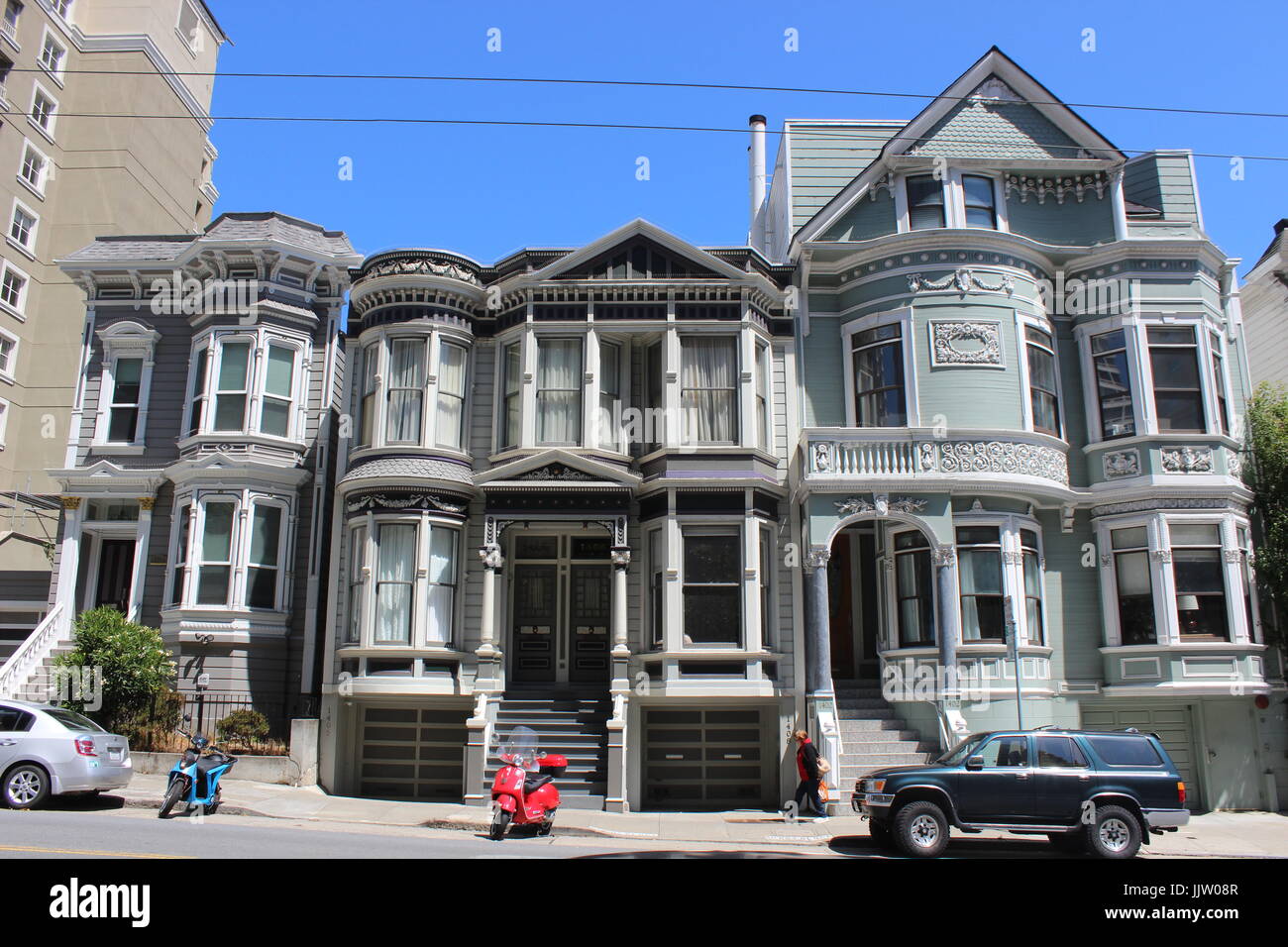 Queen Anne and Italianate Houses, Lower Pacific Heights, Upper Fillmore, San Francisco, California Stock Photo