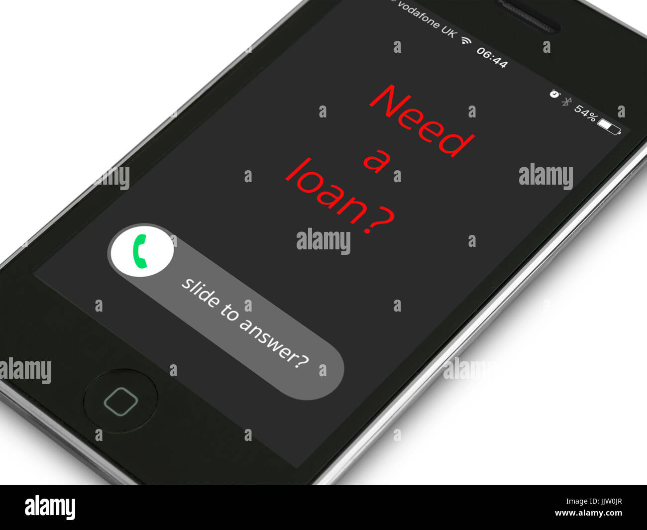 Concept image - Incoming cold call from loan provider on iPhone mobile phone display Stock Photo