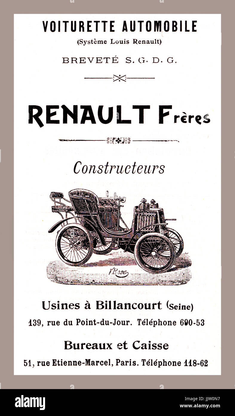 'RENAULT Freres constructeurs'  Automobiles Year 1900 Page advertisement in first ever edition Guide Michelin for early Renault Frères motor cars Stock Photo