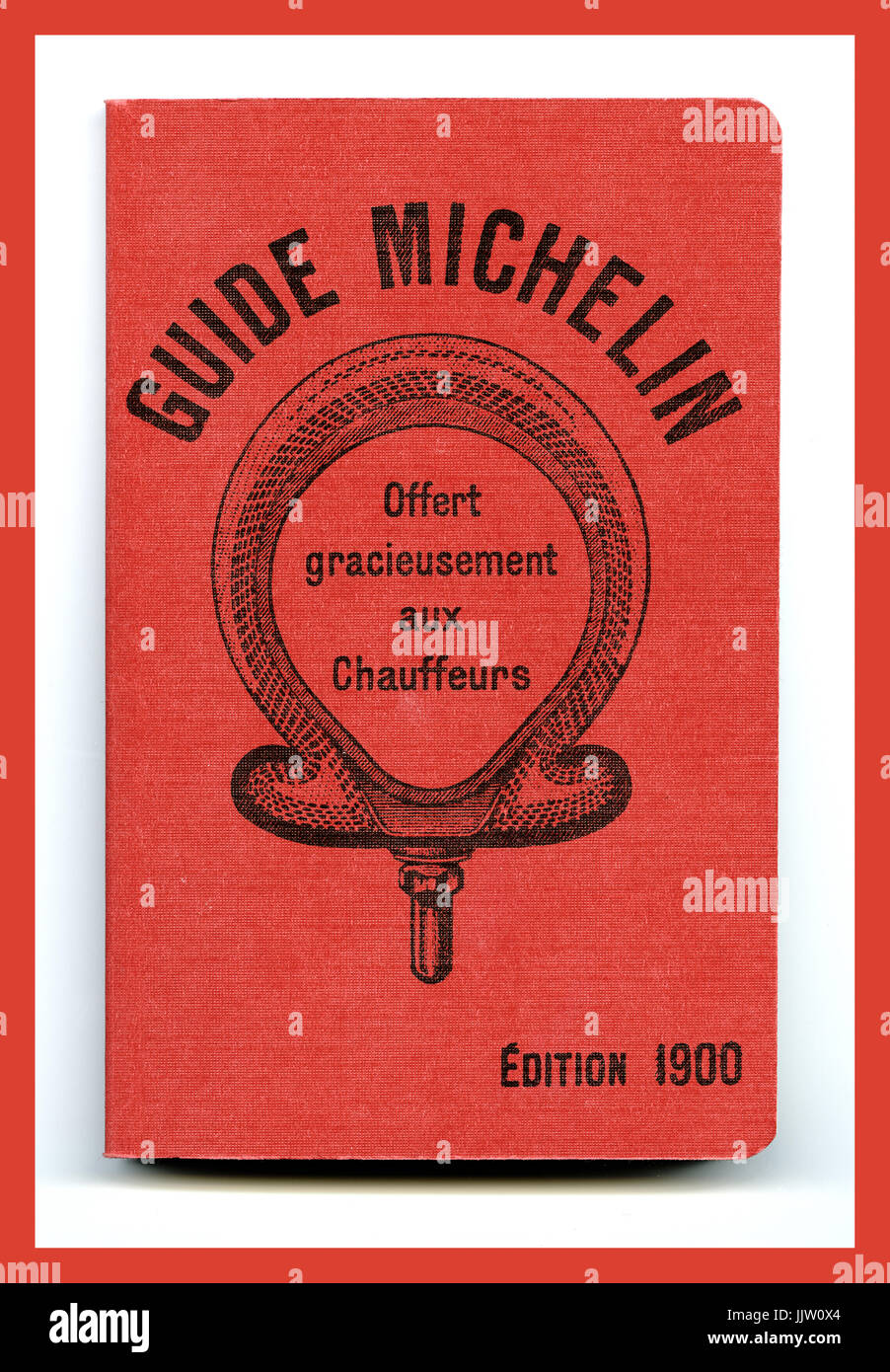 The first ever MICHELIN GUIDE It was created by the Michelin brothers in 1900 and 35,000 copies were printed for the World Fair in Paris France 'offert gracieusement aux chauffeurs/ reimpression du premier guide rouge' Paris France Stock Photo
