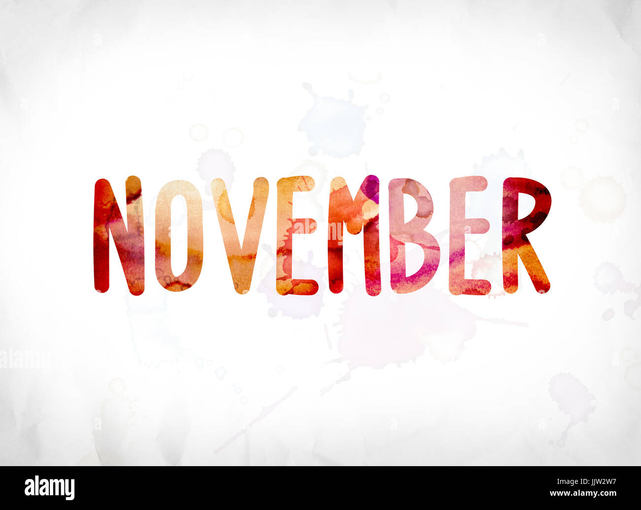The word November concept and theme painted in colorful watercolors on