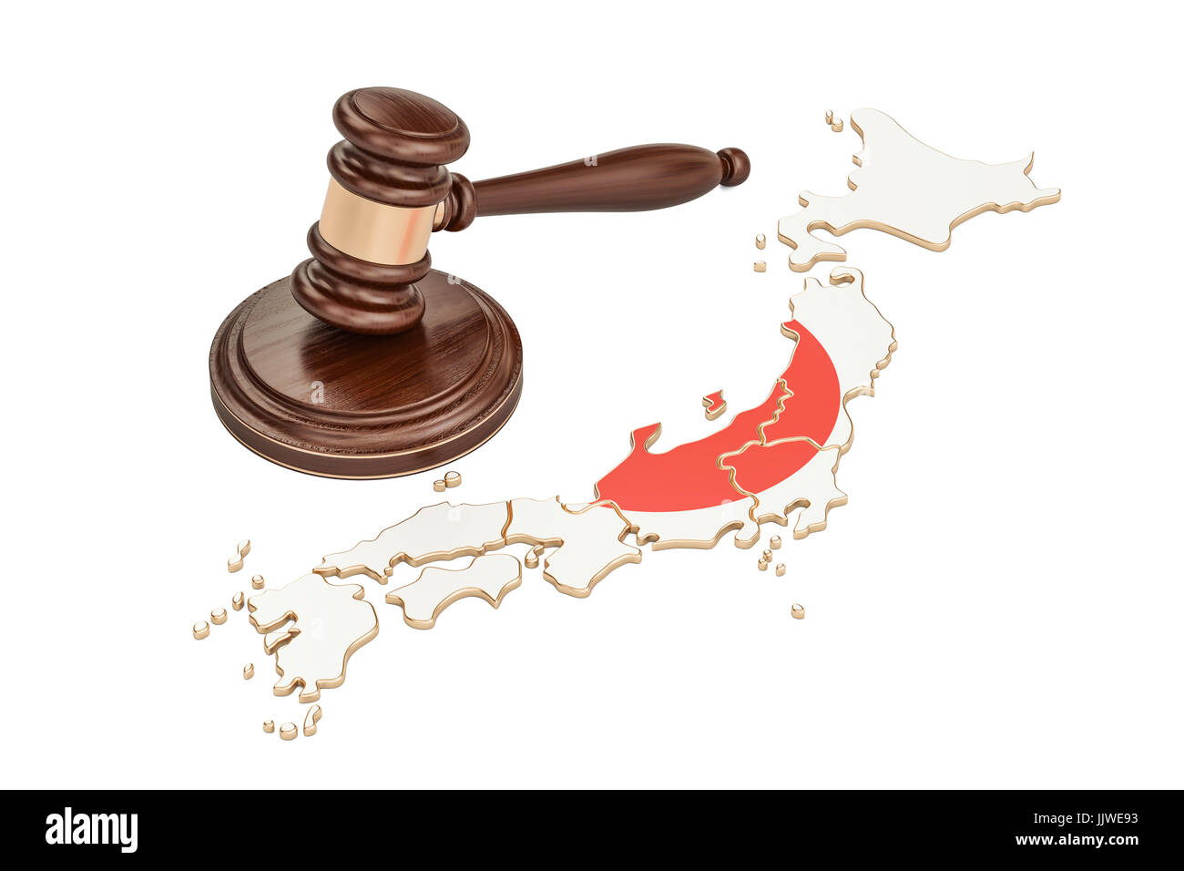 Wooden Gavel on map of Japan, 3D rendering isolated on white background Stock Photo