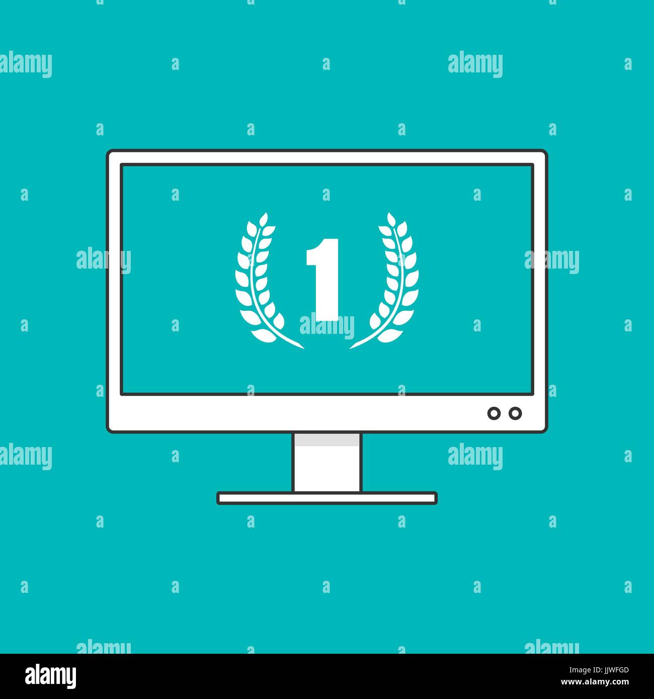 Best online service customer support concept depicted by the number one surrounded by laurel wreaths flat icon on monitor vector illustration Stock Vector