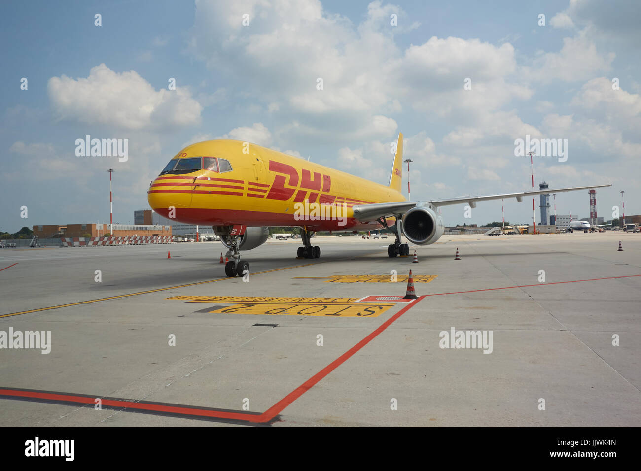 Jet airliner on tarmac at Venice airport Stock Photo