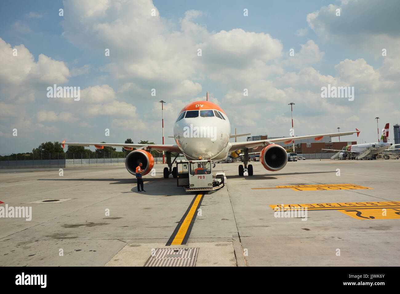 Jet airliner on tarmac at Venice airport. Italy Stock Photo
