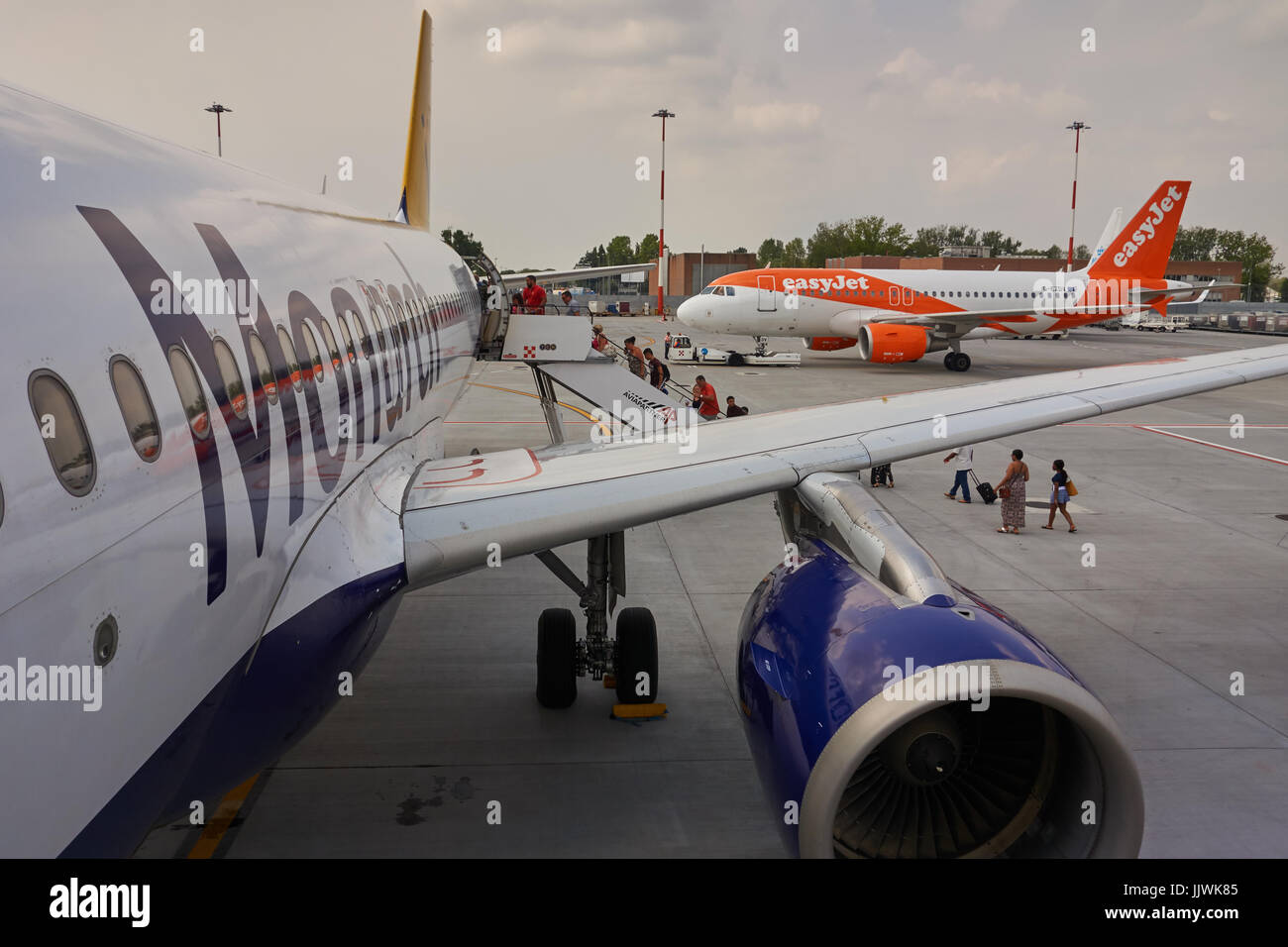 Jet airliner on tarmac at Venice airport. Italy Stock Photo