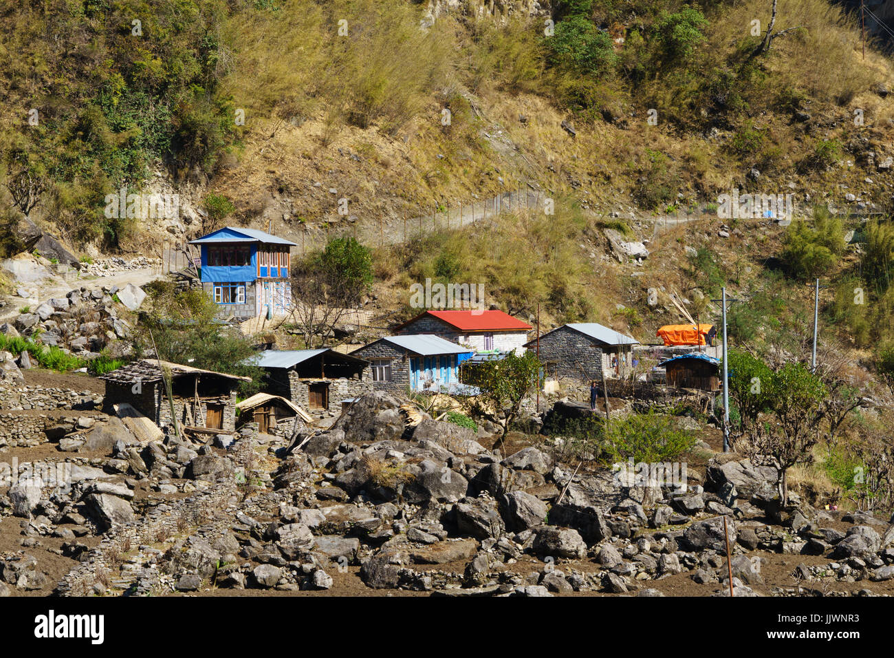 Simple houses near Dharapani, Annapurna Circuit, Nepal. Stock Photo