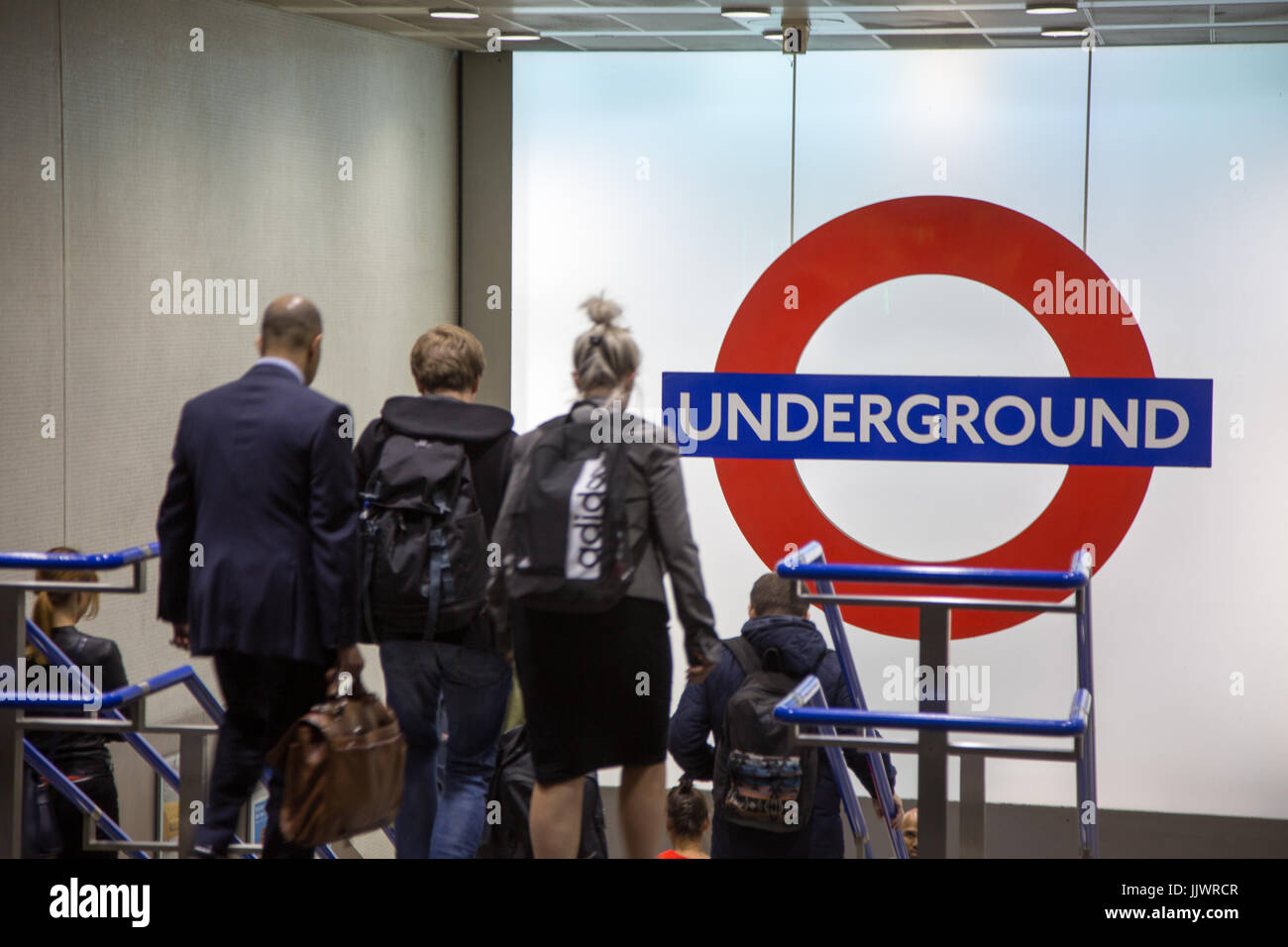 London Underground large logo sign at the King's Cross St. Pancras entrance Stock Photo