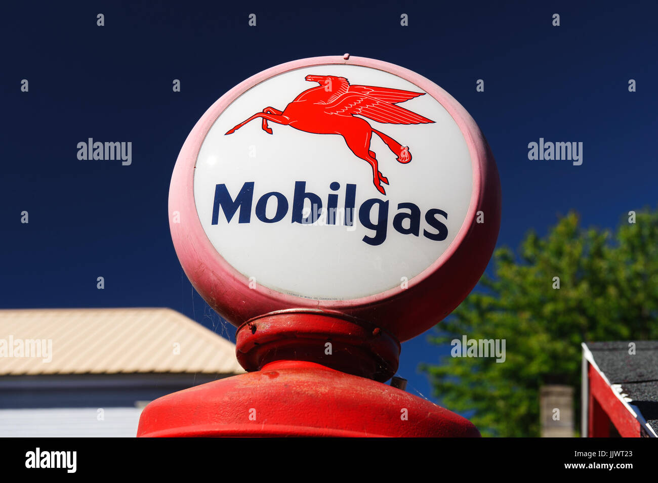 Glass globe of a vintage Mobilgas gas pump. Stock Photo