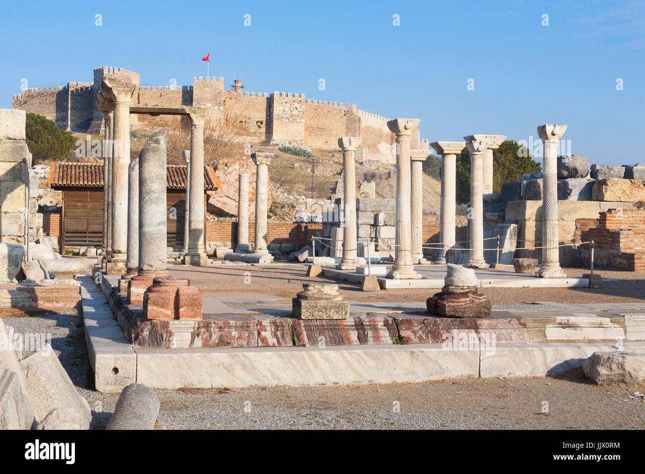 Roman square with stone pillars ruins in ephesus Archaeological site in turkey Stock Photo