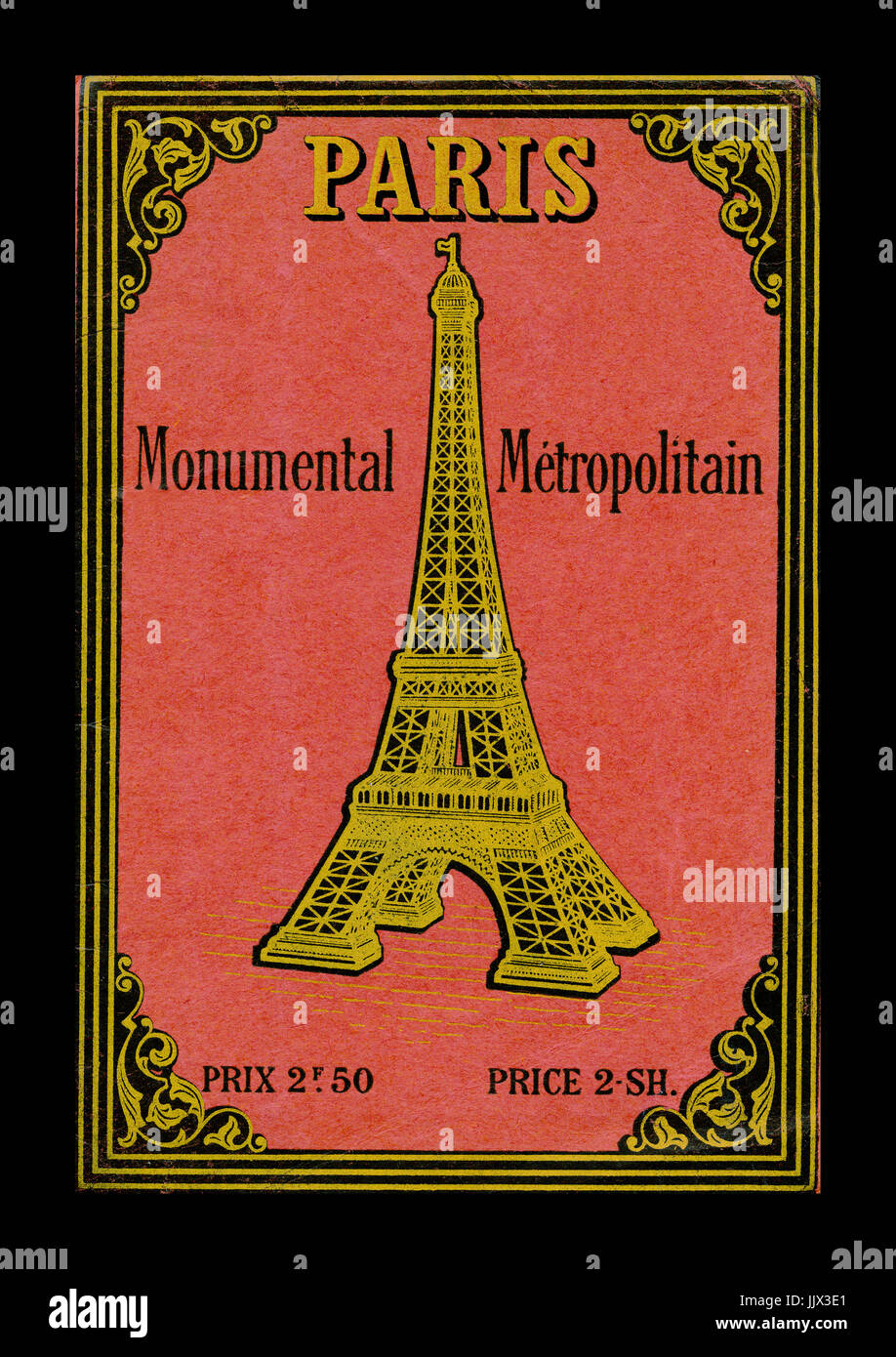 PARIS 1900’s EIFFEL TOWER VINTAGE MONUMENTS MONUMENTAL  METROPOLITAN GUIDE MAP Vintage rare 1900's Retro Art Nouveau Monumental Map of Paris France Stock Photo