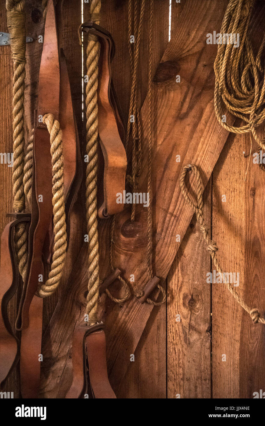Rope and leather harnesses in a storeroom at historic Fort Clinch on