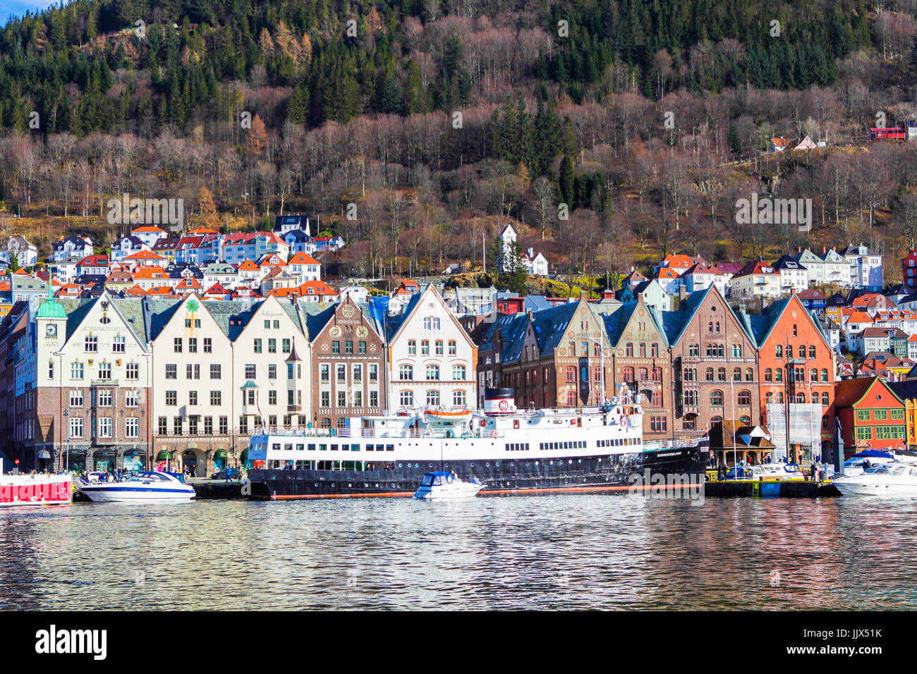 Bryggen district - Tourist attraction and Unesco World Heritage site with old wooden buildings. Bergen. Norway. Stock Photo