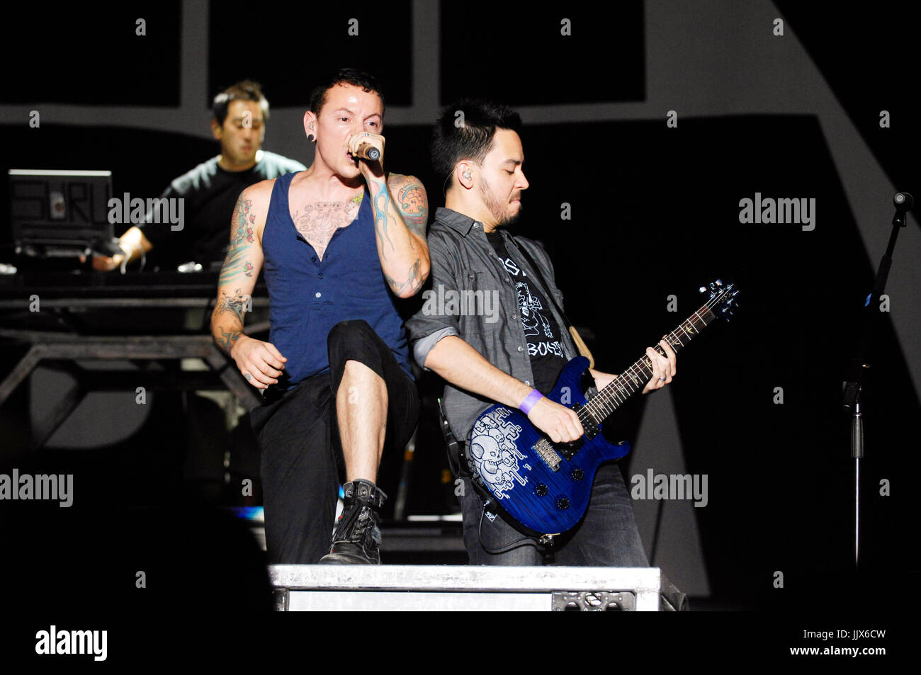 (L-R) Joe Hahn,Chester Bennington Mike Shinoda Linkin Park performs 2009 KROQ Epicenter Pomona Fairplex Pomona. Stock Photo