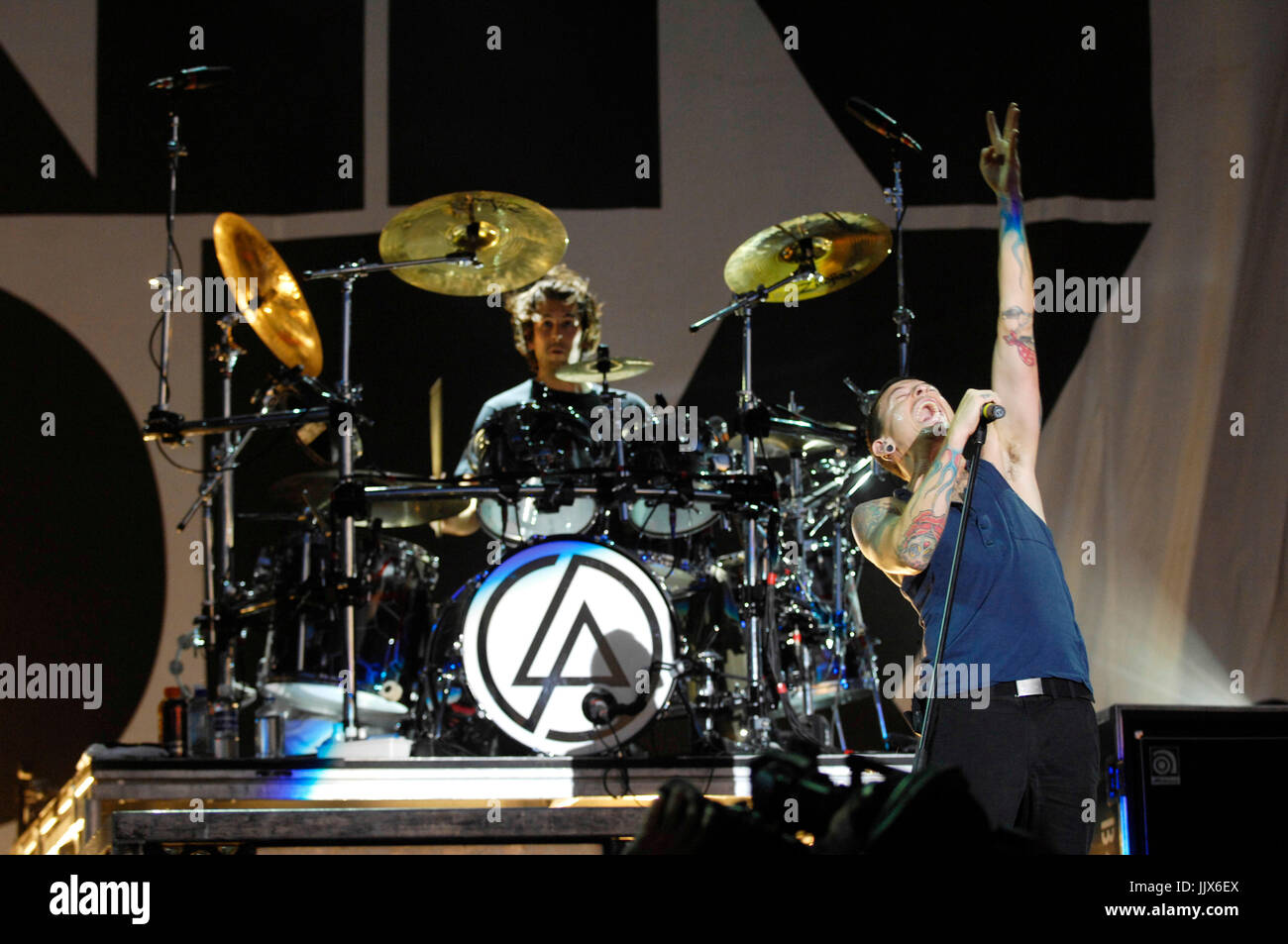 Rob Bourdon (L) Chester Bennington Linkin Park performs 2009 KROQ Epicenter Pomona Fairplex Pomona. Stock Photo